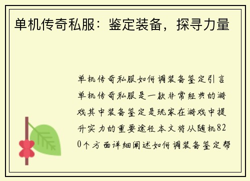 单机传奇私服：鉴定装备，探寻力量